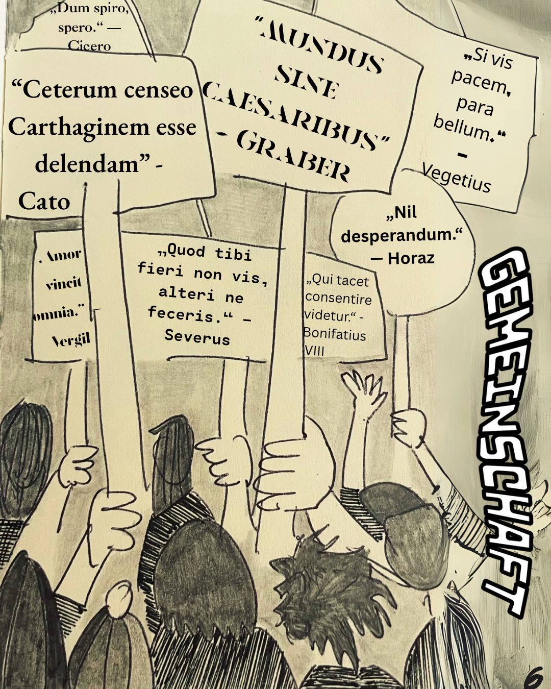 Gezeichnete Menschen halten Schilder mit lateinischen Zitaten hoch; in ihrer Vielfalt entsteht ein Gefühl von Gemeinschaft, die durch geteilte Worte, Gedanken und Geschichte miteinander verbunden ist.