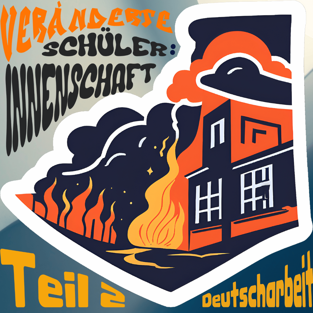 Grafisch gestaltetes Bild mit brennendem Schulgebäude und dramatischen Farben, das eine veränderte Schüler:innensicht aufzeigt – während ich eine Deutscharbeit korrigiere, die Emotion und Perspektivwechsel weckt.